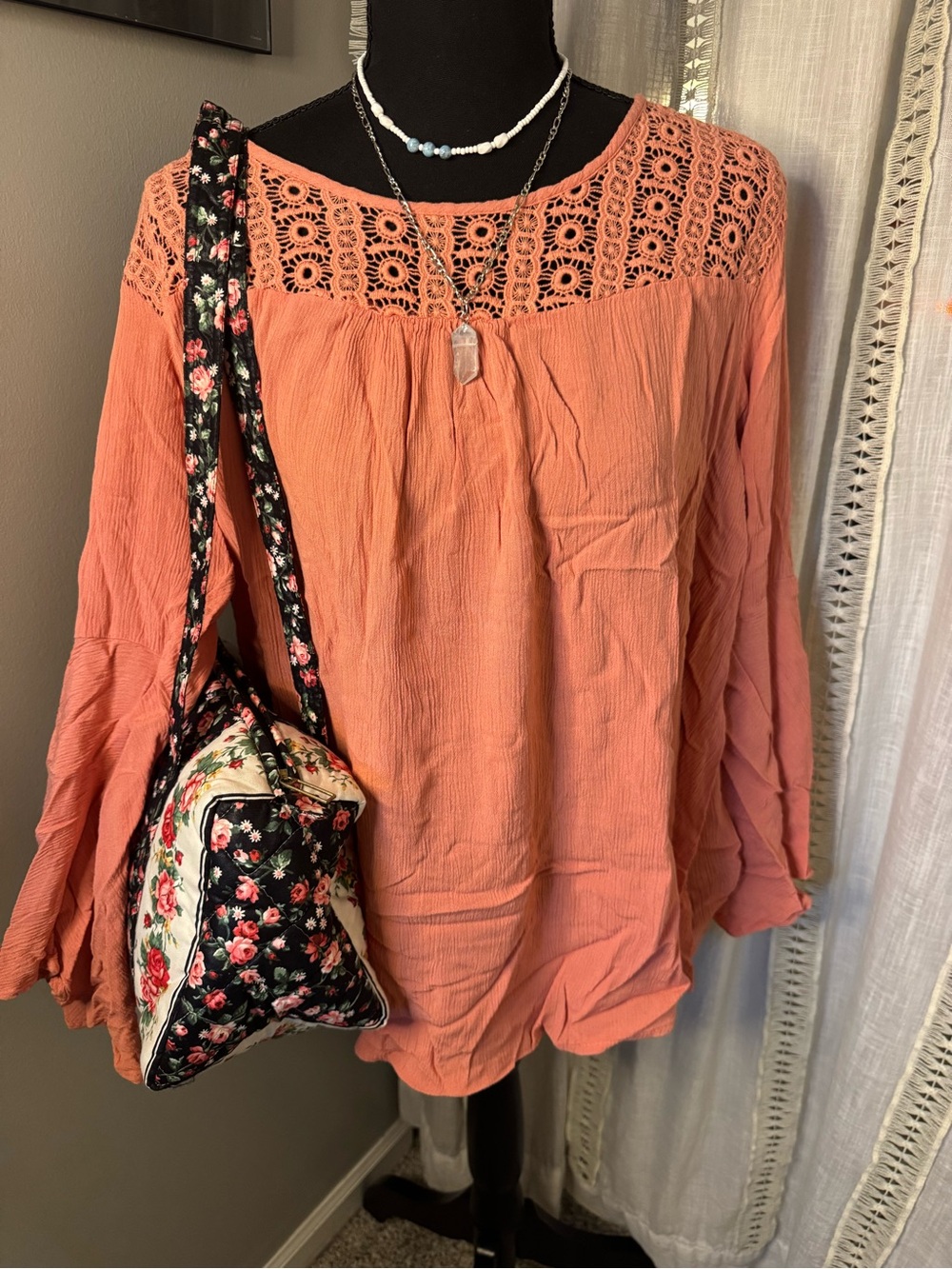 Haute Hippie Coral Crochet Yoke Peasant Tunic